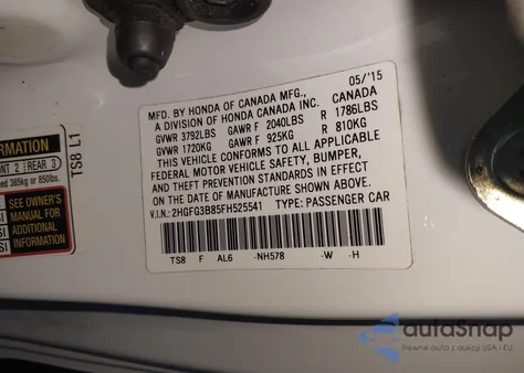 2015 Honda Civic Ex from USA, damaged, VIN 2HGFG3B85FH525541